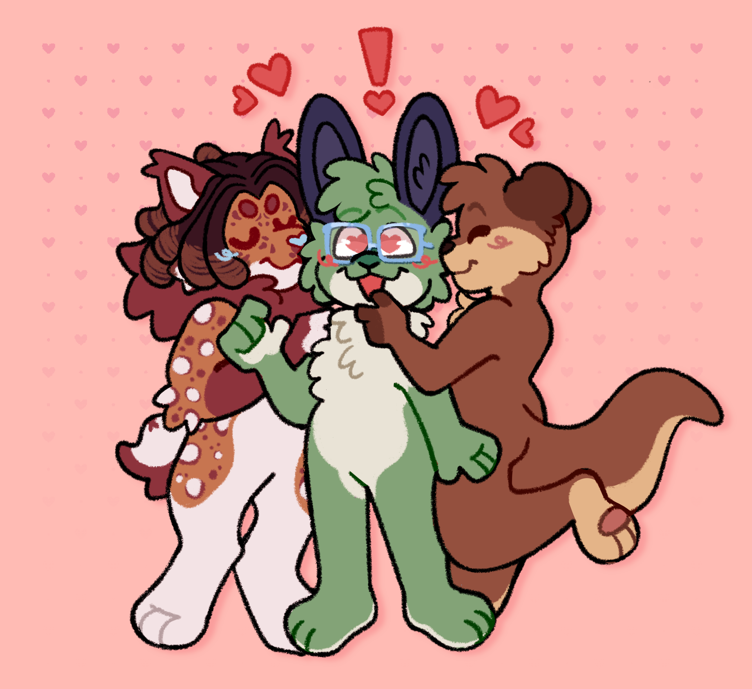 Beryl the Bunny being kissed by both King the Lynx, and Astrognash the Otter